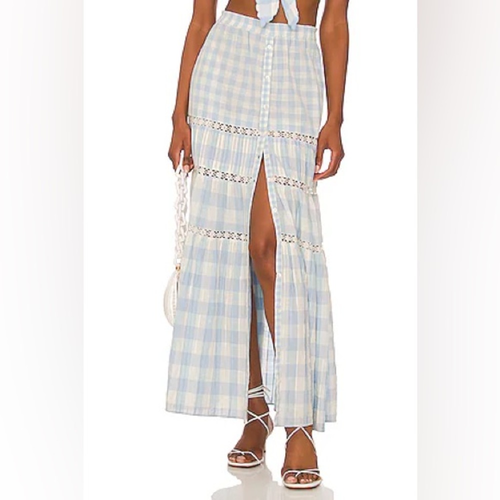 Love Shack Fancy Bellarose Blue and White Plaid Maxi Skirt